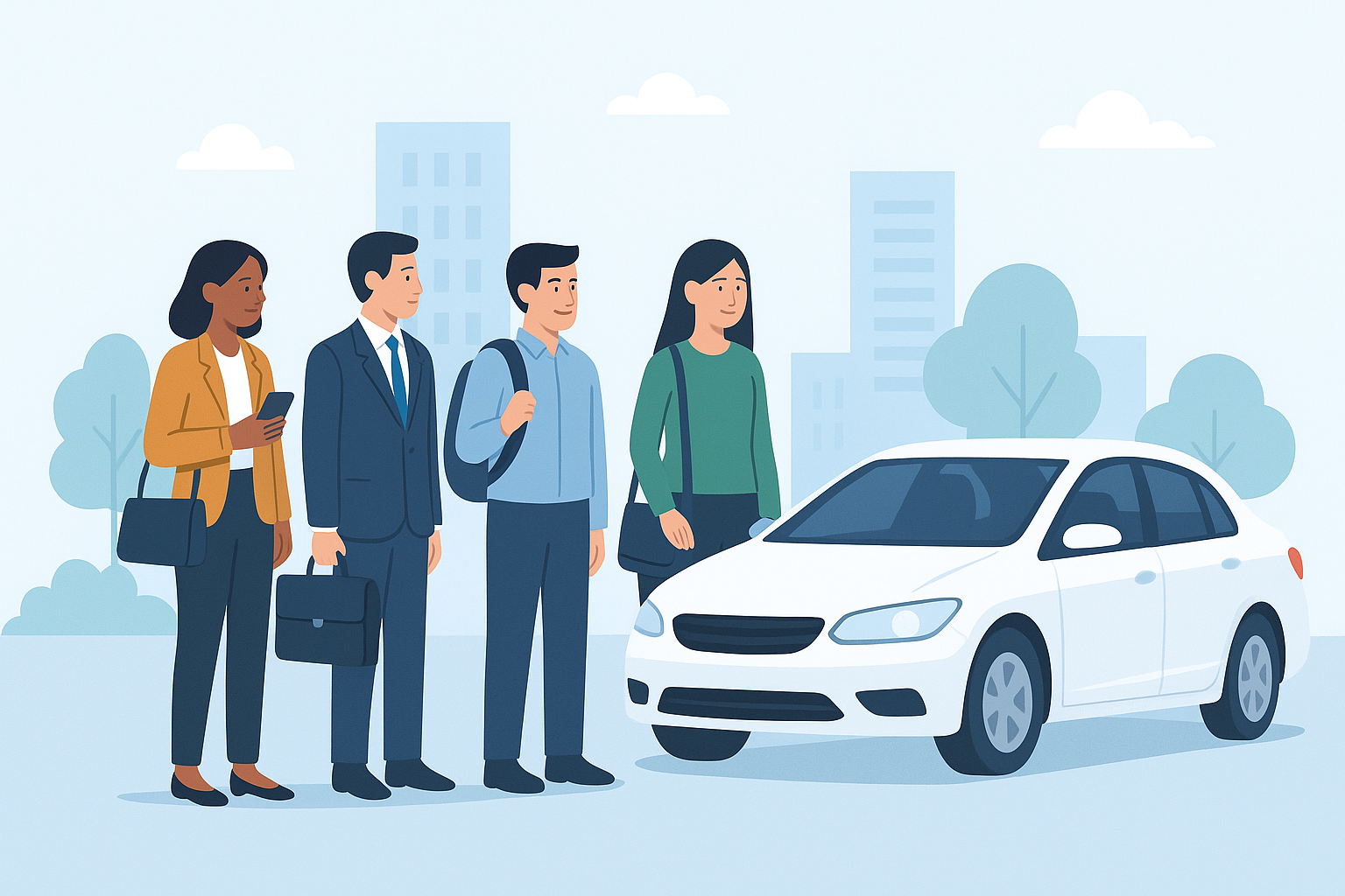 Employees grouped at bus stop for ride sharing